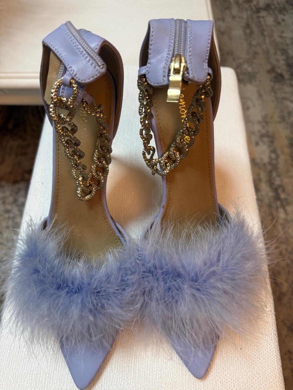Lavender Feather Pointed-Toe Stiletto Heels with Gold Chain Ankle Strap